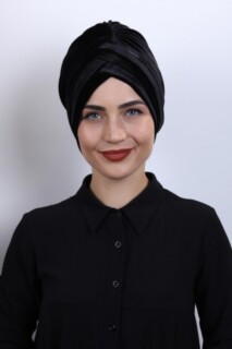 Cross Style - بونيه مخمل 3 خطوط أسود - Hijab