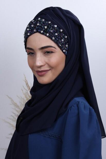 Stone Design Bonnet Shawl Navy Blue