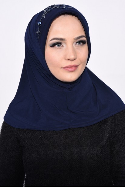 Evening Model - Practical Sequin Hijab Navy Blue - 100285508 - Hijab