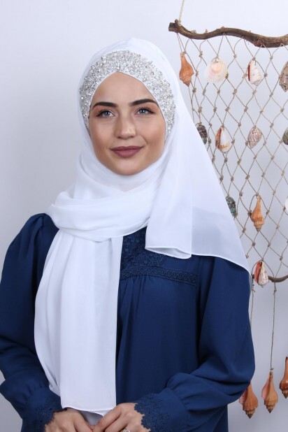 Stone Design Bonnet Shawl White - 100282994 - Hijab