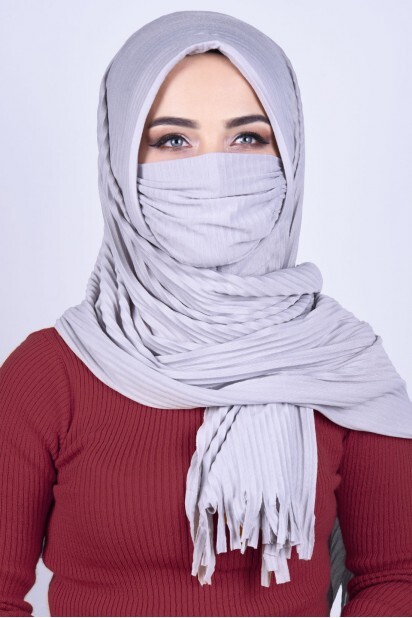 Masked Plisse Shawl - شال مقنع رمادي - Hijab