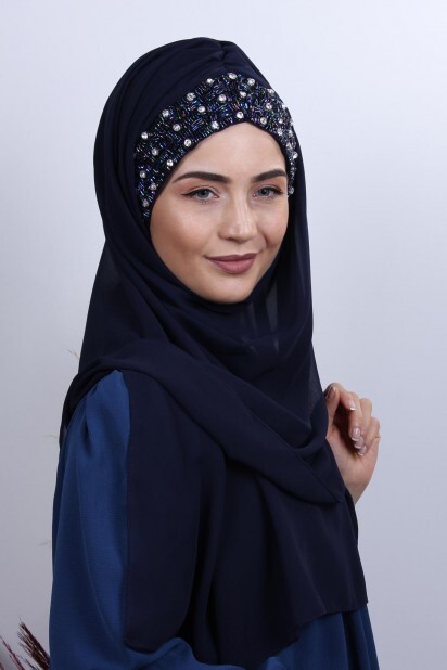 Stone Design Bonnet Shawl Navy Blue