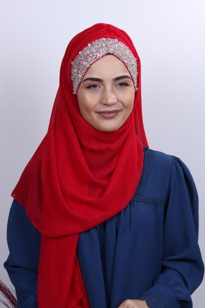 شال بتصميم حجري بونيه أحمر - Hijab