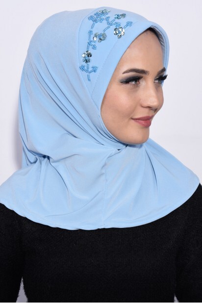 حجاب عملي مزين بالترتر أزرق فاتح - 