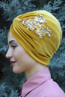 Velvet Sequined Vera Bonnet Mustard Yellow - 100285061 - 