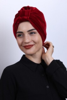 Cross Style - بونيه 3 خطوط مخملية أحمر كلاريت - Hijab