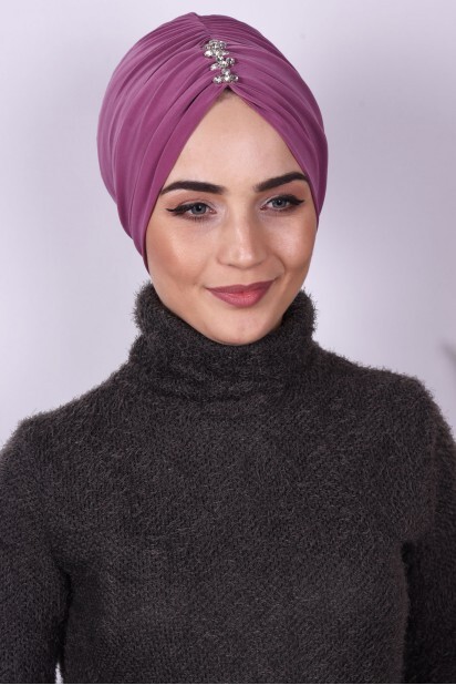 Evening Model - بونيه مطوي بالأحجار وردة مجففة داكنة - Hijab