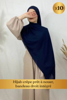 Hijab crêpe prêt à nouer, bandeau droit intégré - En box 10 pièces
