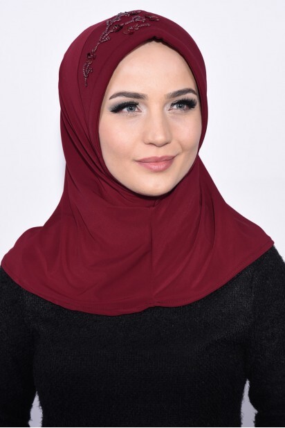 حجاب عملي مطرز بالترتر أحمر - Hijab