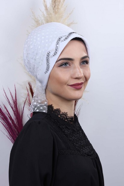 All Occasions Bonnet - بونيه تول بولكا دوت ليف أبيض - Hijab