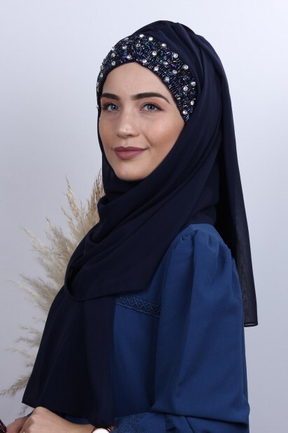 Stone Design Bonnet Shawl Navy Blue - 100282984 - Hijab