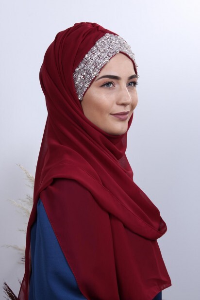 Stone Design Bonnet Shawl Claret Red