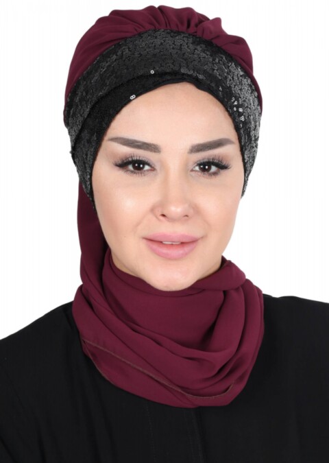 Chiffon Ready-made Turban with Scarf Sequin Accessories Plum - Black  - 100288411