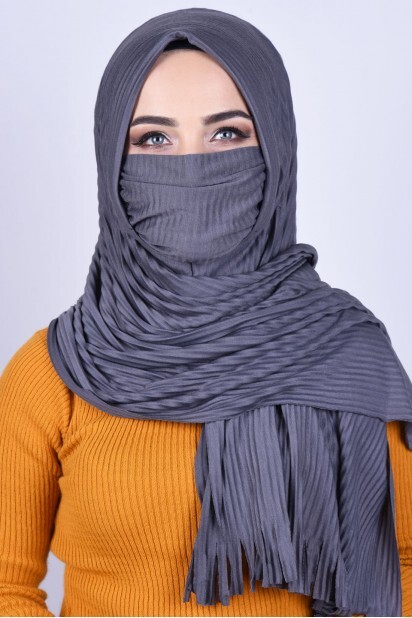 Masked Plisse Shawl - شال مقنع رمادي غامق - Hijab