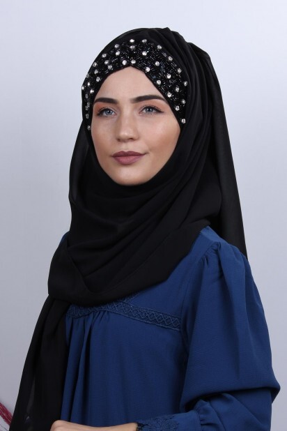 Stone Design Bonnet Shawl Black To Black - 100282987 - 