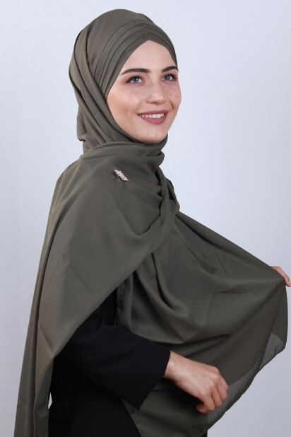 4 Draped Hijab Shawl Khaki Green - 100285079 - 