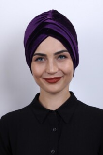 Cross Style - Velvet 3-Stripes Bonnet Purple - 100283011 - Hijab