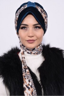 Hat-Cap Style - قبعة مخملية وشاح أزرق بترولي - Hijab