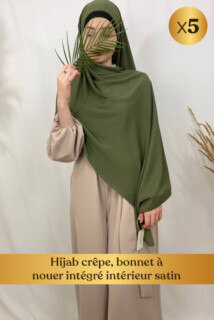 Hijab crêpe, bonnet à nouer intégré intérieur satin -En box 5 pièces