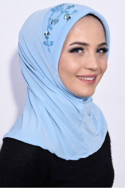 حجاب عملي مزين بالترتر أزرق فاتح - 