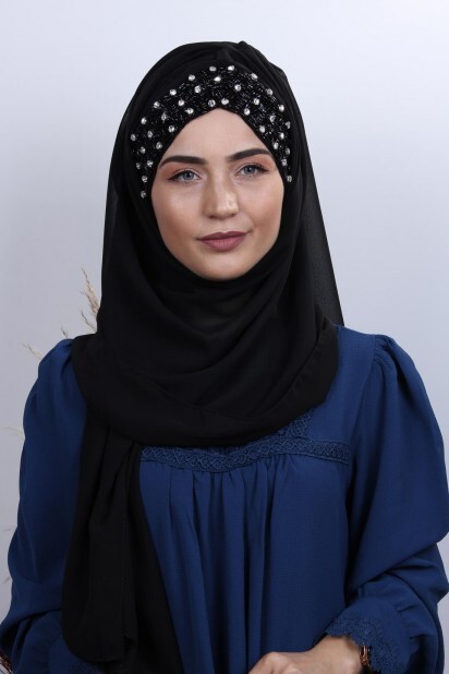 شال بتصميم حجري بونيه أسود إلى أسود - Hijab