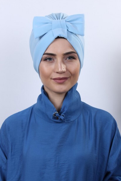 بونيه على الوجهين أزرق فاتح مع فيونكة - Hijab
