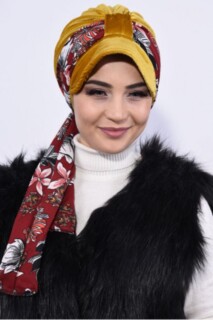 Velvet Scarf Hat Bonnet Mustard Yellow - 100283115 - 