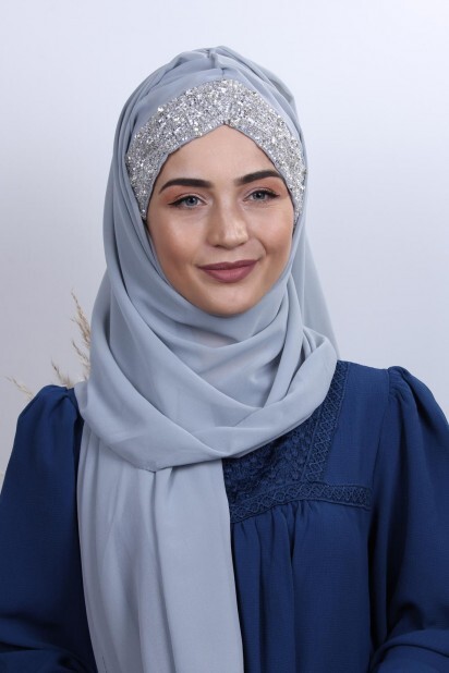 Stone Design Bonnet Shawl Silver Gray - 100282985 - Hijab