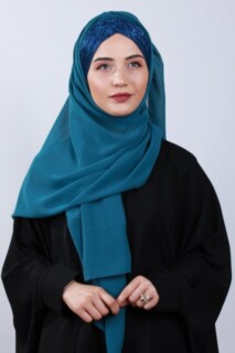 Ready Hijab - Glittery 3-Stripes Cross Shawl Petrol Blue - 100285576 - Hijab