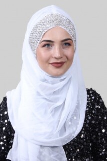شال بتصميم حجر بونيه أبيض - Hijab