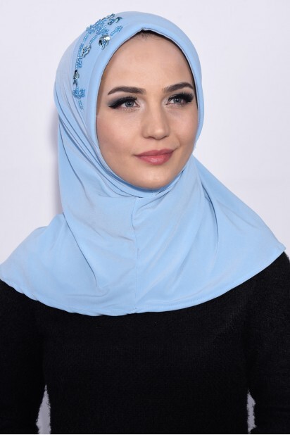 حجاب عملي مزين بالترتر أزرق فاتح - Hijab