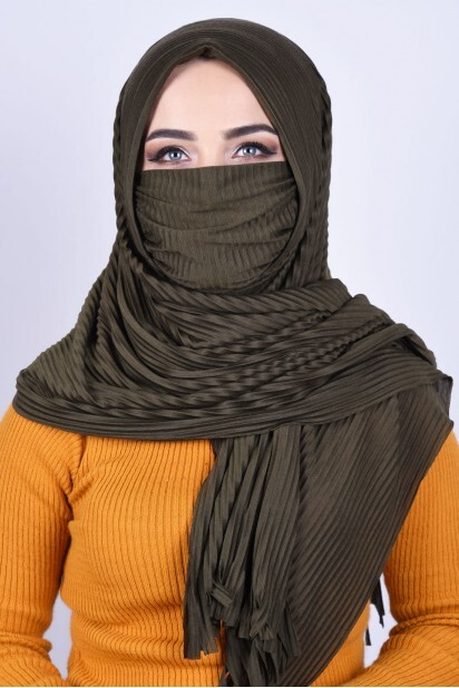 Masked Plisse Shawl - شال مقنع كاكي - Hijab