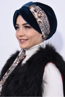 Velvet Scarf Hat Cap Petrol Blue - 100283107 - 