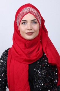 شال بتصميم حجر بونيه أحمر - Hijab