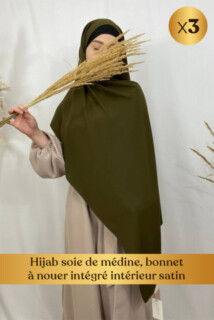 Hijab soie de médine, bonnet à nouer intégré intérieur satin - En box 3 pièces