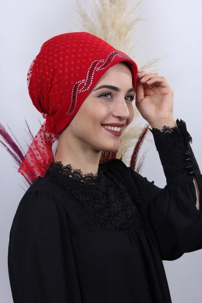 All Occasions Bonnet - بونيه تول بولكا دوت ليف أحمر - Hijab