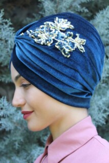Velvet Sequined Vera Bonnet Petrol Blue - 100285063 - 