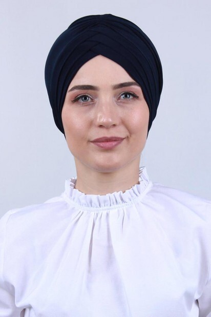 شال على الوجهين بثلاثة خطوط أزرق كحلي - Hijab