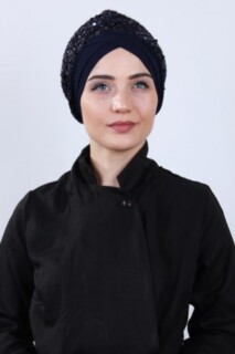 Double Side Bonnet - غطاء رايات مزين بالترتر أزرق كحلي - Hijab