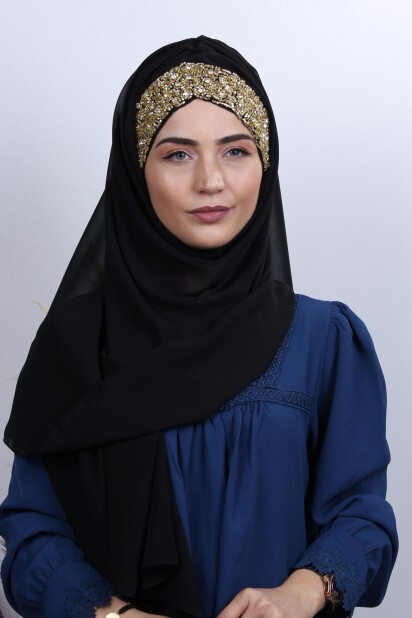 Stone Design Bonnet Shawl Black Gold Stone - 100282981 - Hijab