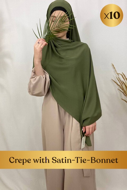 Promotions Box - Hijab crêpe, bonnet à nouer intégré intérieur satin - en box 10 pièces - Hijab