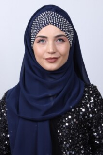 شال بتصميم ستون بونيلي أزرق داكن - Hijab