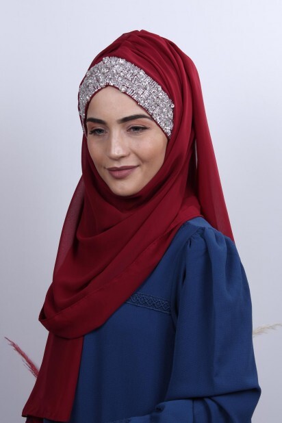 Stone Design Bonnet Shawl Claret Red