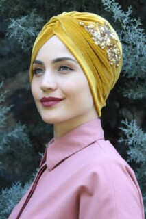 Velvet Sequined Vera Bonnet Mustard Yellow - 100285061 - 