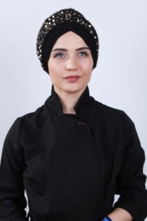 Double Side Bonnet - Draped Sequin Bonnet Black Gold - 100284884 - Hijab