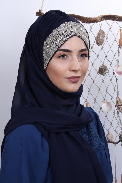 Stone Design Bonnet Shawl Navy Blue