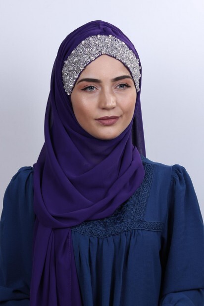 Stone Design Bonnet Shawl Purple - 100282979 - Hijab