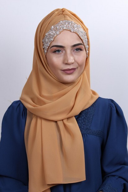 Stone Design Bonnet Shawl Mustard Yellow - 100282980 - Hijab