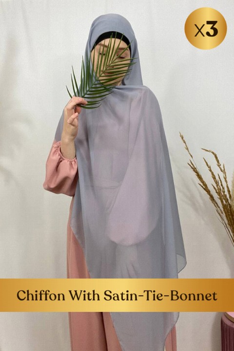 Promotions Box - Hijab mousseline , bonnet à nouer intégré intérieur satin  - en box 3 pièces - Hijab