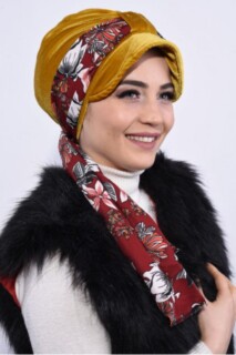 قبعة مخملية وشاح بونيه أصفر خردل